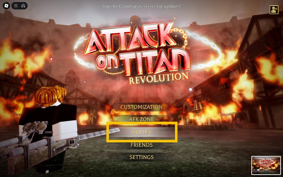 Attack on Titan Revolution codes: main menu.