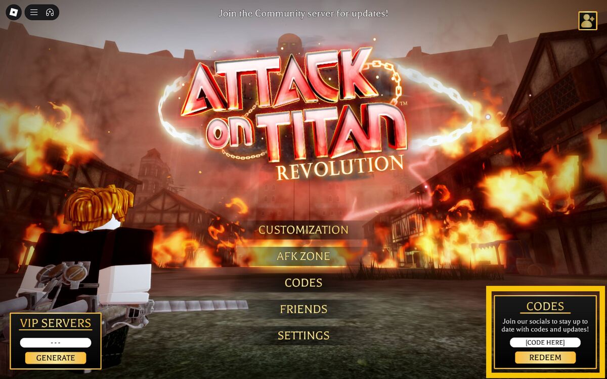 Attack on Titan Revolution codes: main menu.