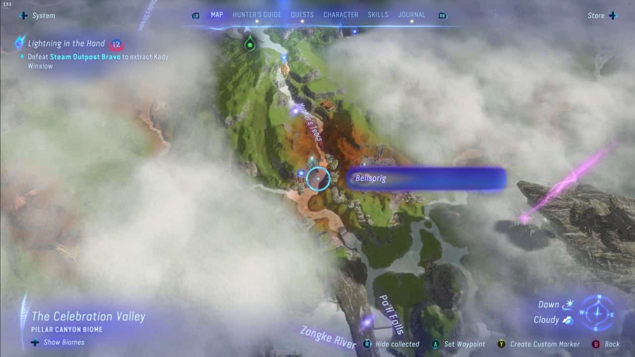 Look at the map to spot Bellsprig locations in Avatar: Frontiers of Pandora. Image captured by VideoGamer.