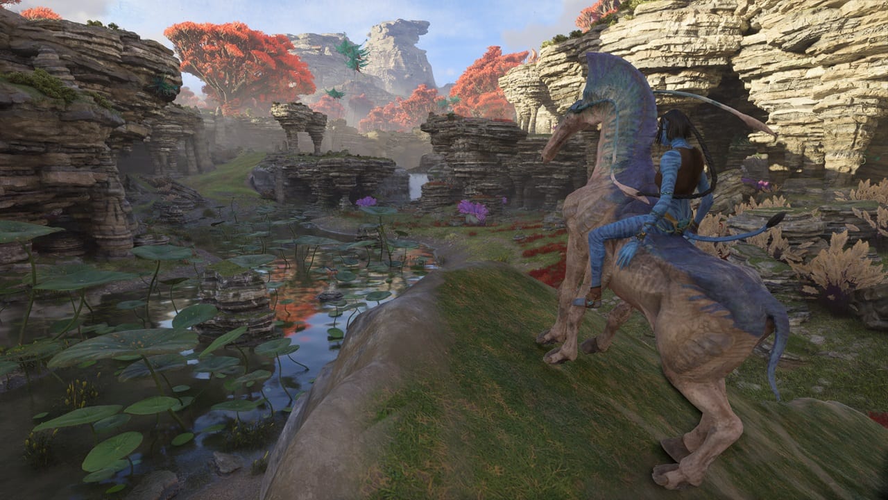 An image of the player riding a Direhorse in Avatar: Frontiers of Pandora. Image captured by VideoGamer.