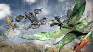 Two Na'vi warriors on flying creatures fight a human aircraft in Avatar: Frontiers of Pandora