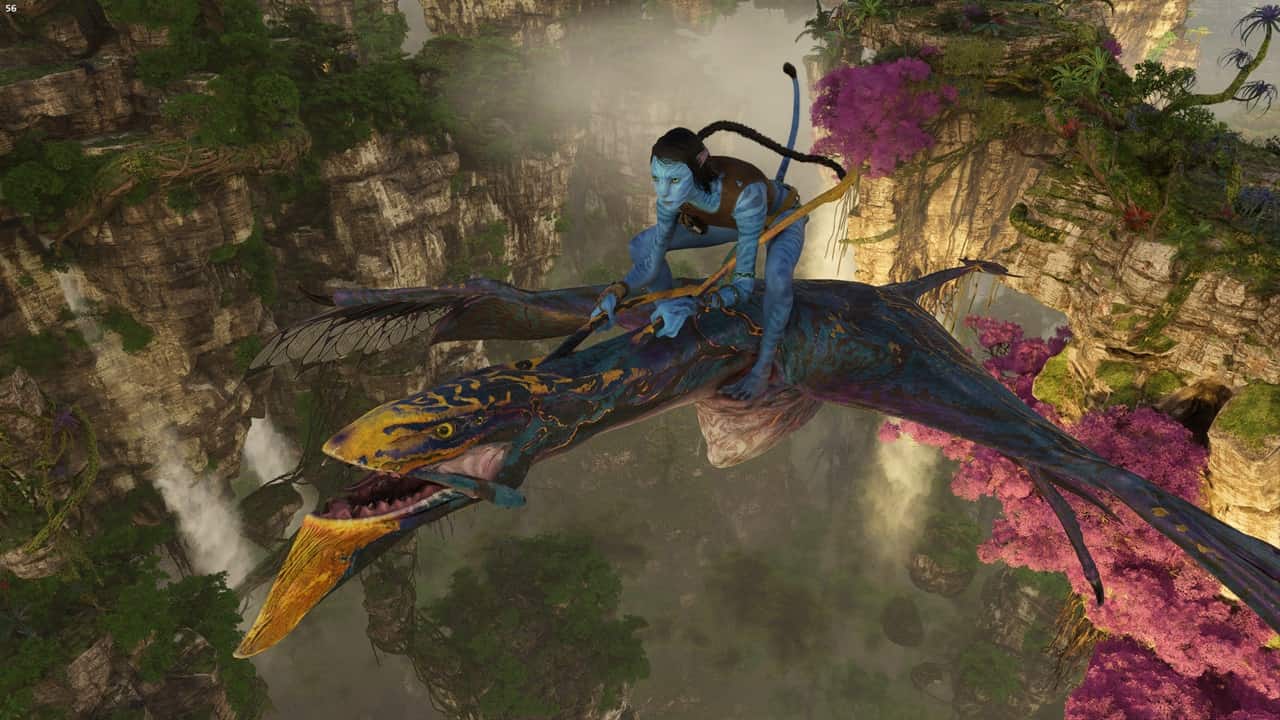 Avatar Frontiers of Pandora fly ikran - An image of a Na'vi player riding an ikran in the game. Image captured by VideoGamer.