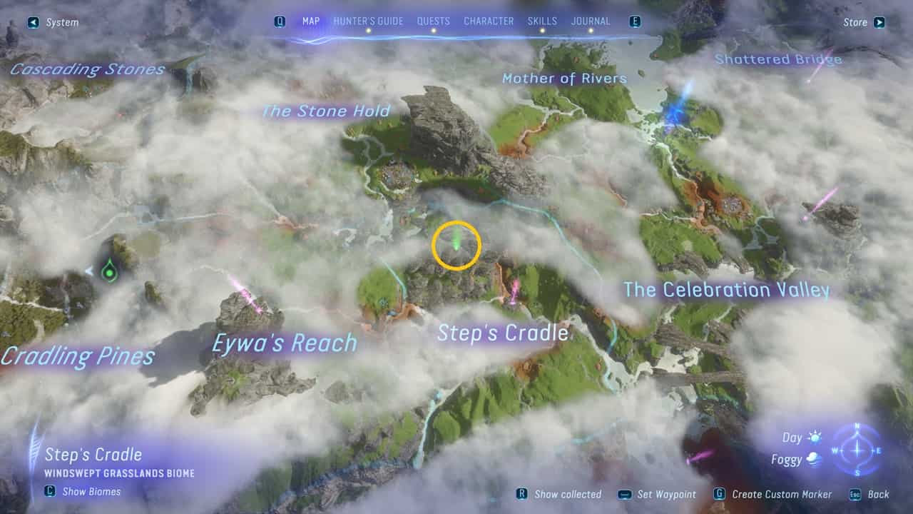 The Avatar: Frontiers of Pandora map with the Weeping Steps highlighted. Image captured by VideoGamer.
