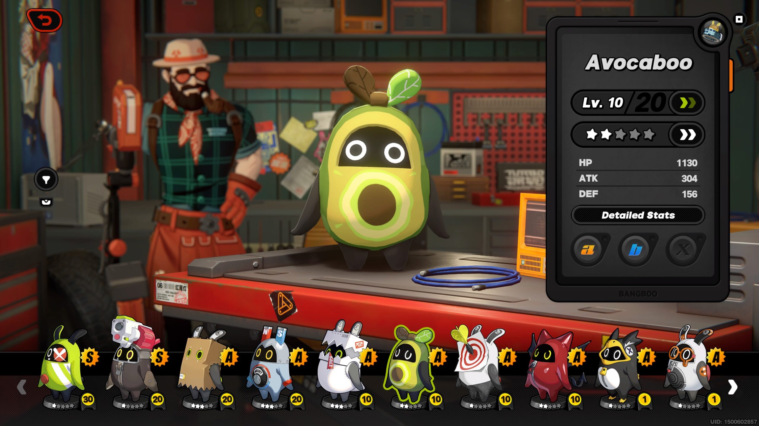 a little creature wears an avocado outfit standing on a workbench