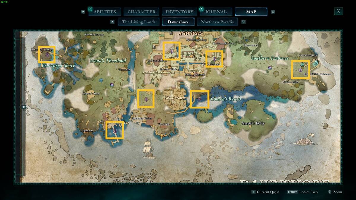 Avowed fast travel: Dawnshore map.