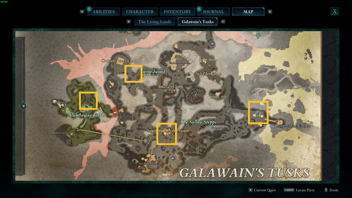 Avowed fast travel: Galawain's Tusks map.