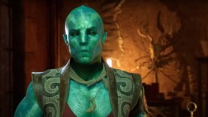 A strange humanoid person speaks to the player.