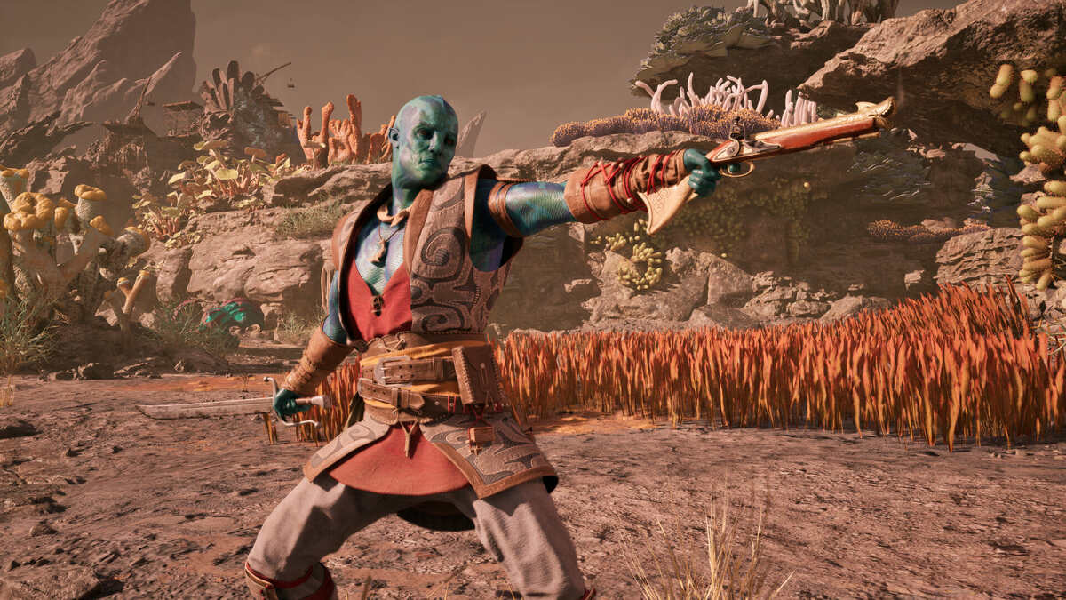 Avowed GeForce NOW: green-skinned character.