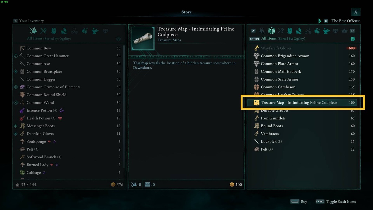 Avowed Infuriating Feline Codpiece treasure map location: trader menu.