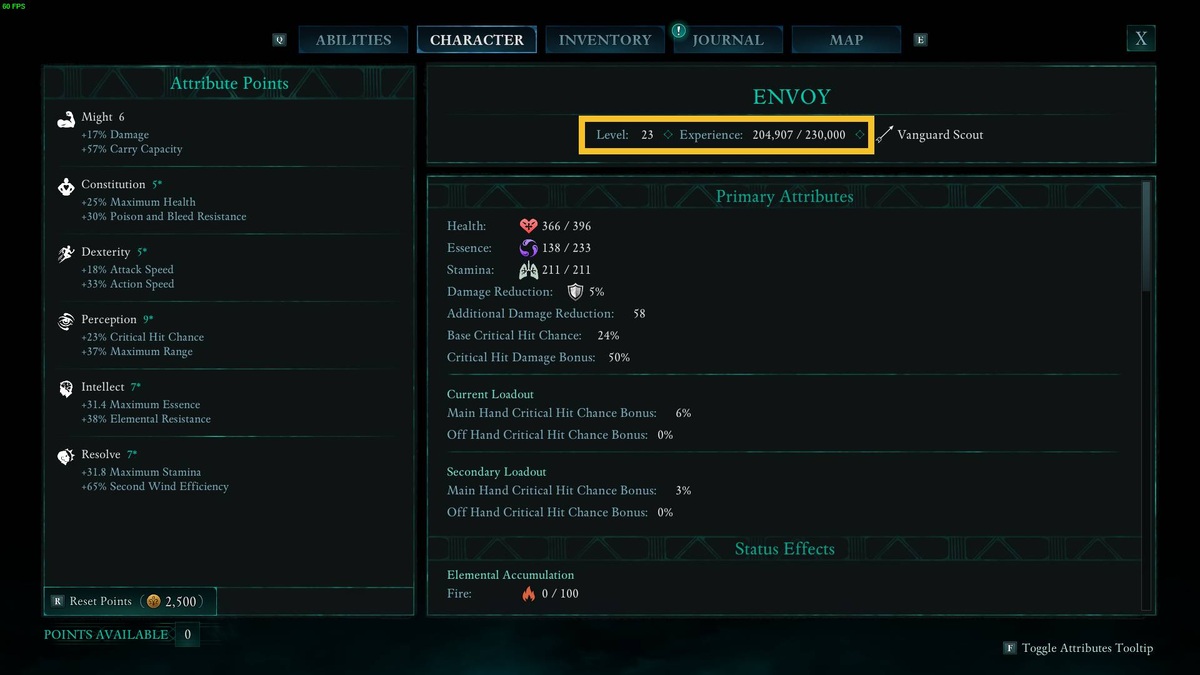 Avowed level cap: character menu.