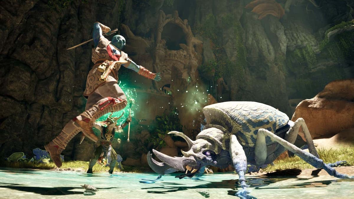 Image of a character fighting a giant beetle in the game Avowed.