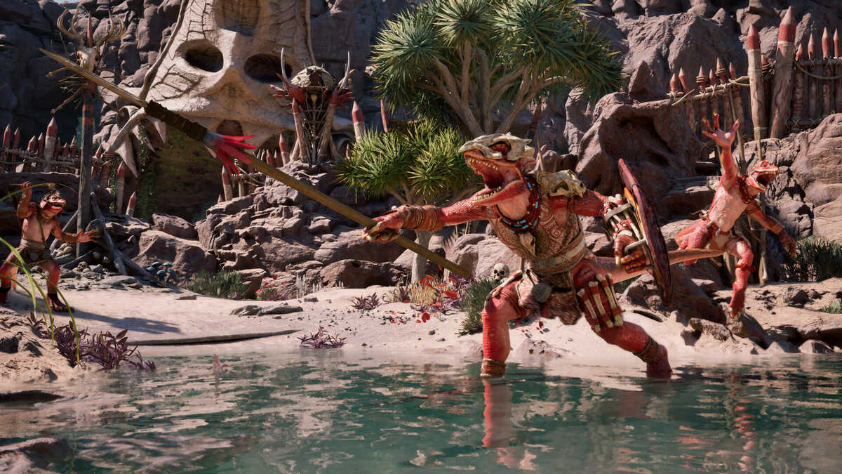 Avowed multiplayer co-op: reptile creature brandishing a weapon.
