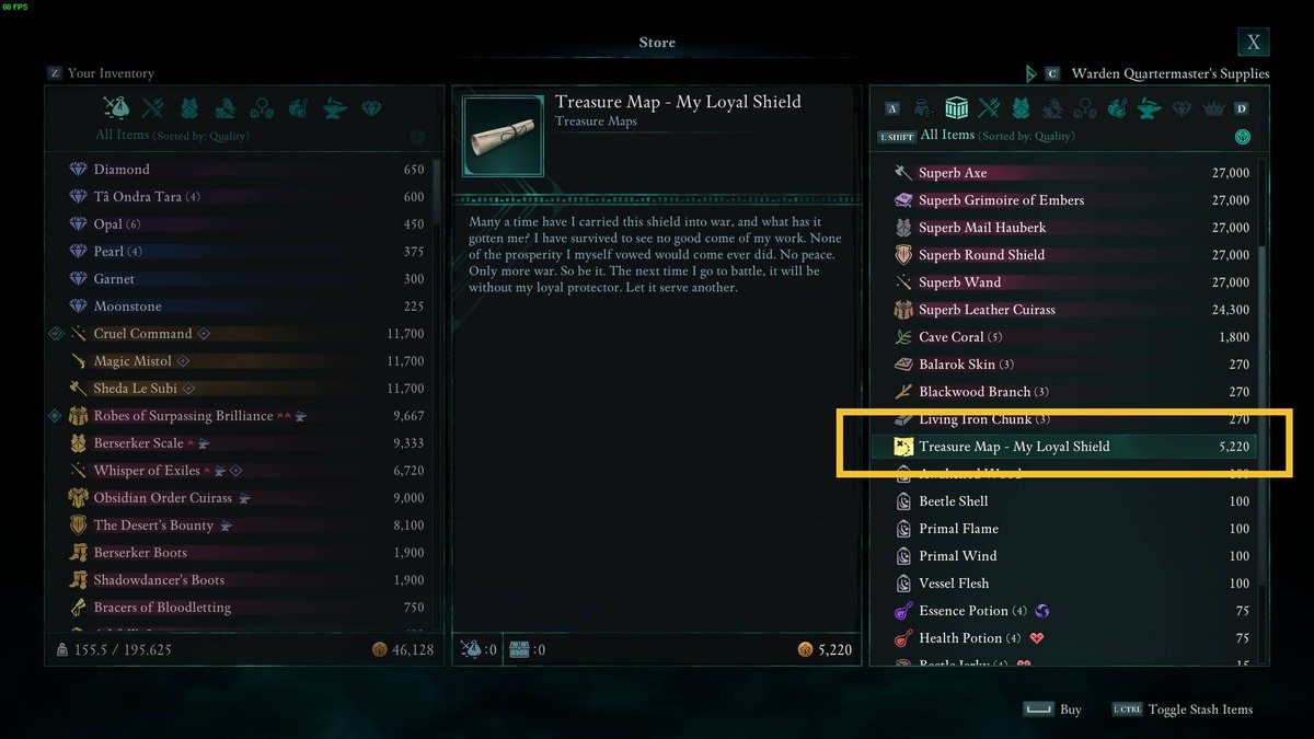 Avowed My Loyal Shield treasure map: merchant inventory.