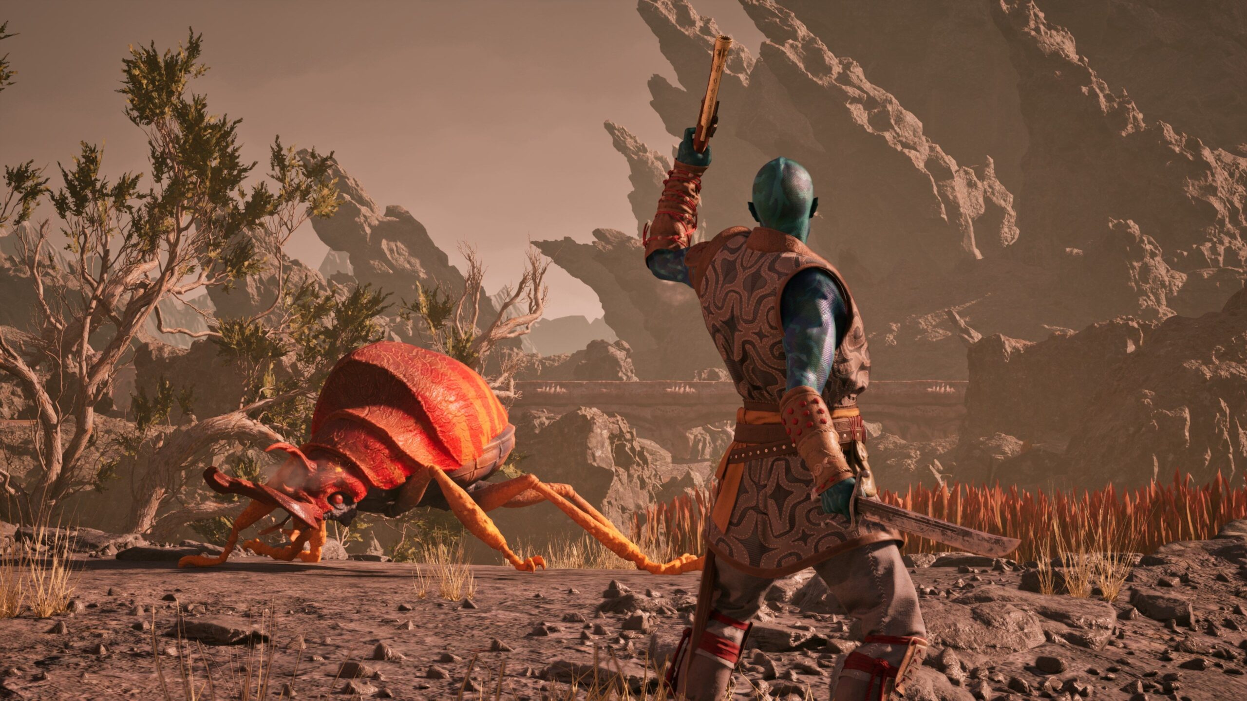Avowed review: Kai shooting a giant bug.