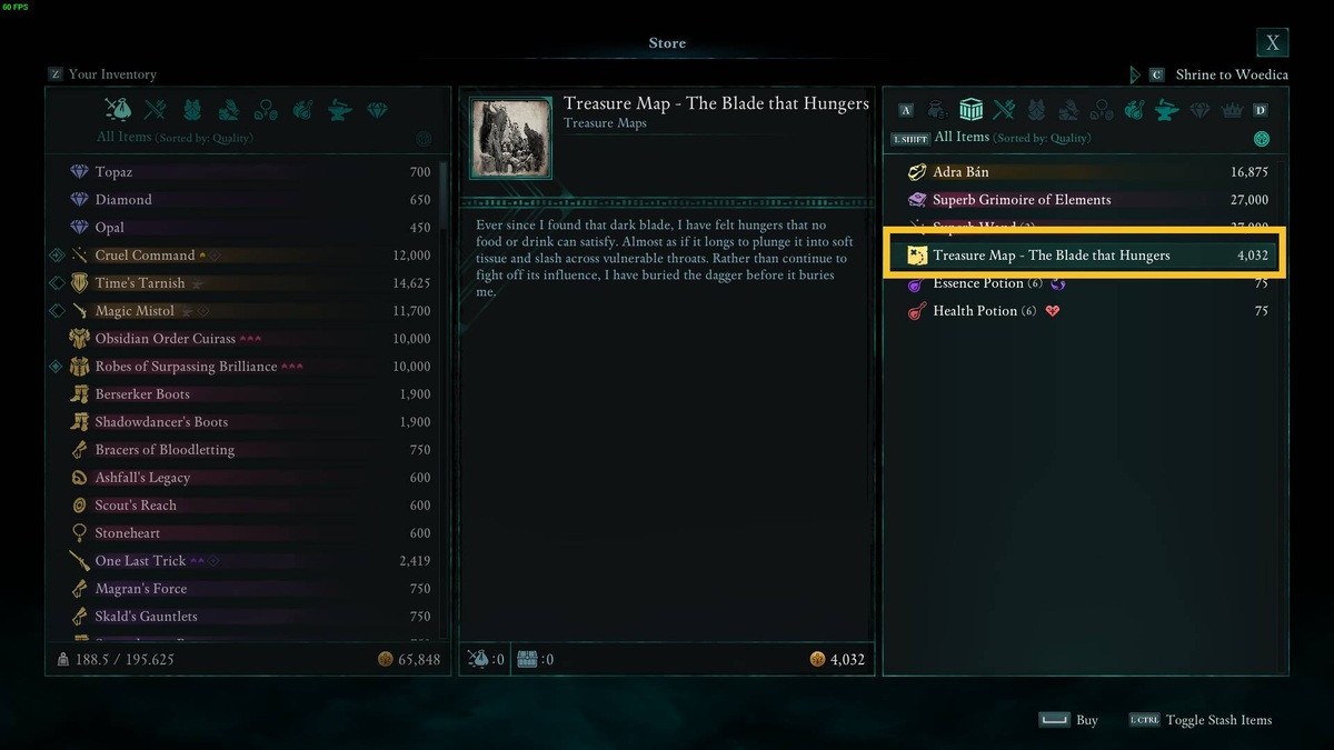 Avowed The Blade that Hungers treasure map: trader inventory.
