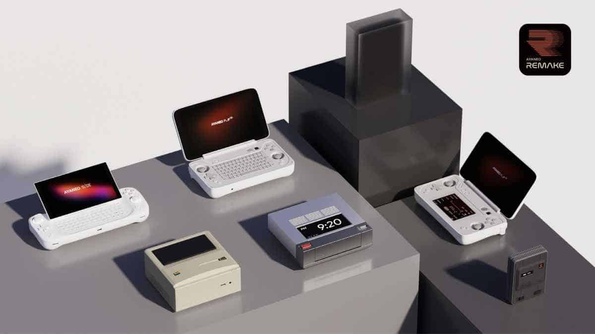 AyaNeo announces second Retro Mini PC and it looks even better than the first, with a group of electronic devices on a table.