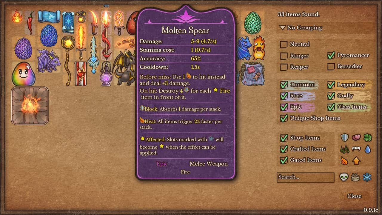 Backpack Battles recipes: An image of the Molten Spear weapon for the Pyromancer in Backpack Battles. Image captured by VideoGamer.
