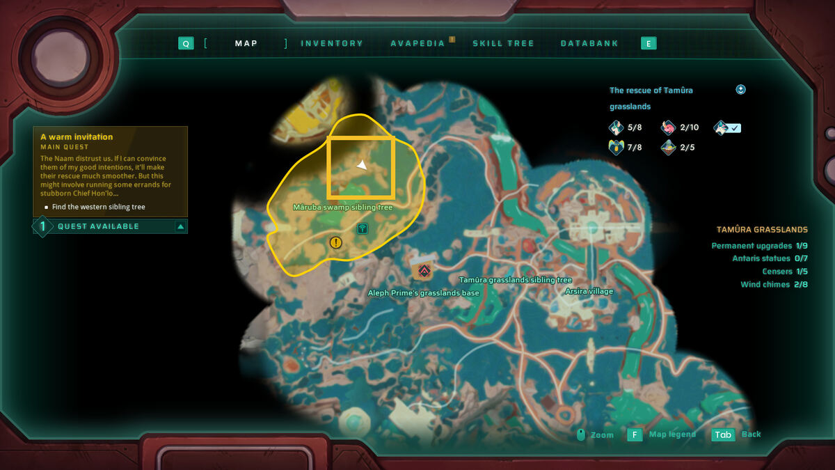 Creatures of Ava backpack pocket locations: in-game map.