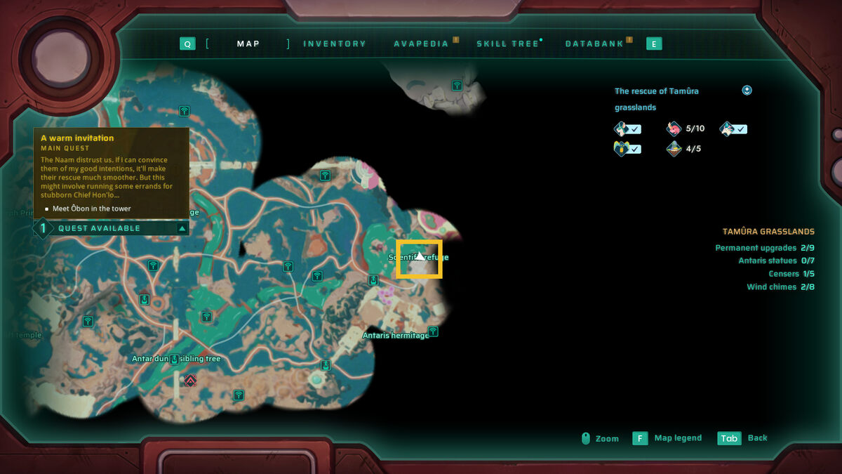 Creatures of Ava backpack pocket locations: in-game map.