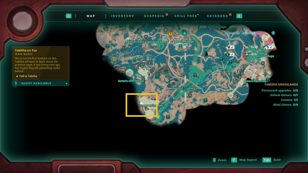 Creatures of Ava backpack pocket locations: in-game map.