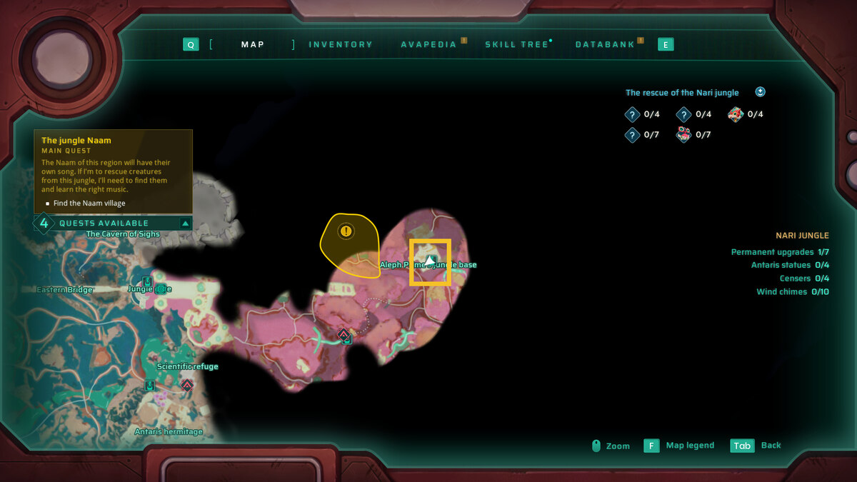 Creatures of Ava backpack pocket locations: in-game map.