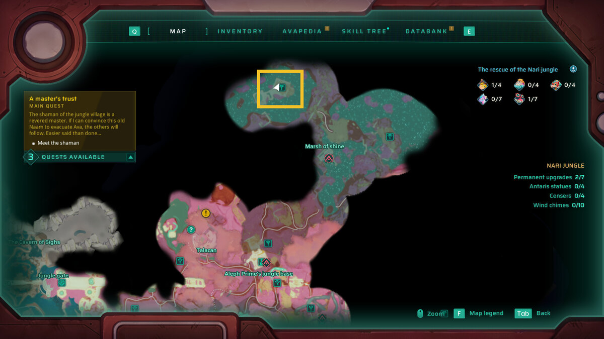Creatures of Ava backpack pocket locations: in-game map.