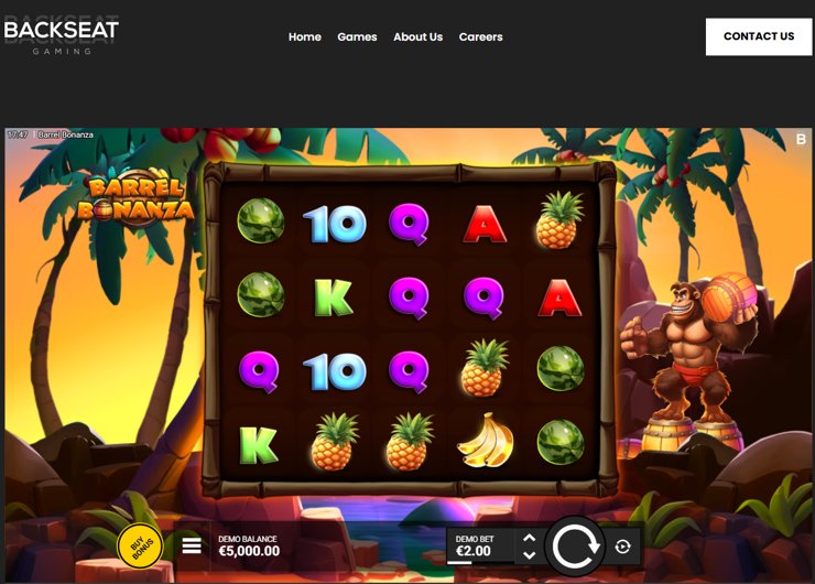 A screenshot of Barrel Bonanza slot at Backseat Gaming