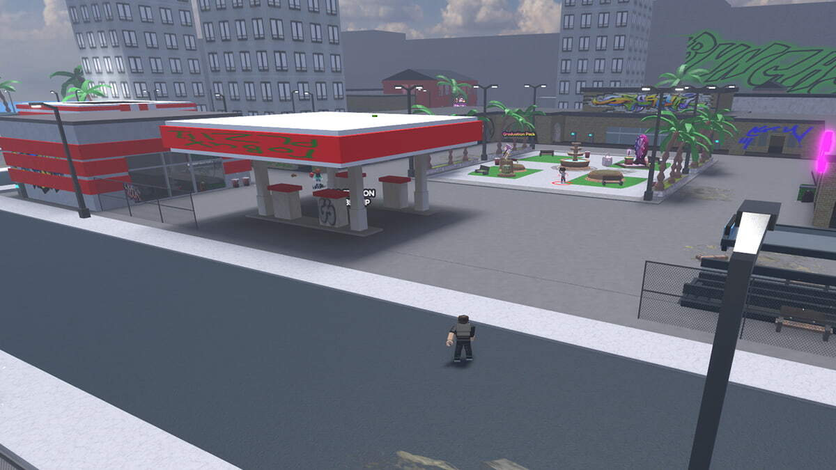 Baddies player on the map, next to a gas station and a park.