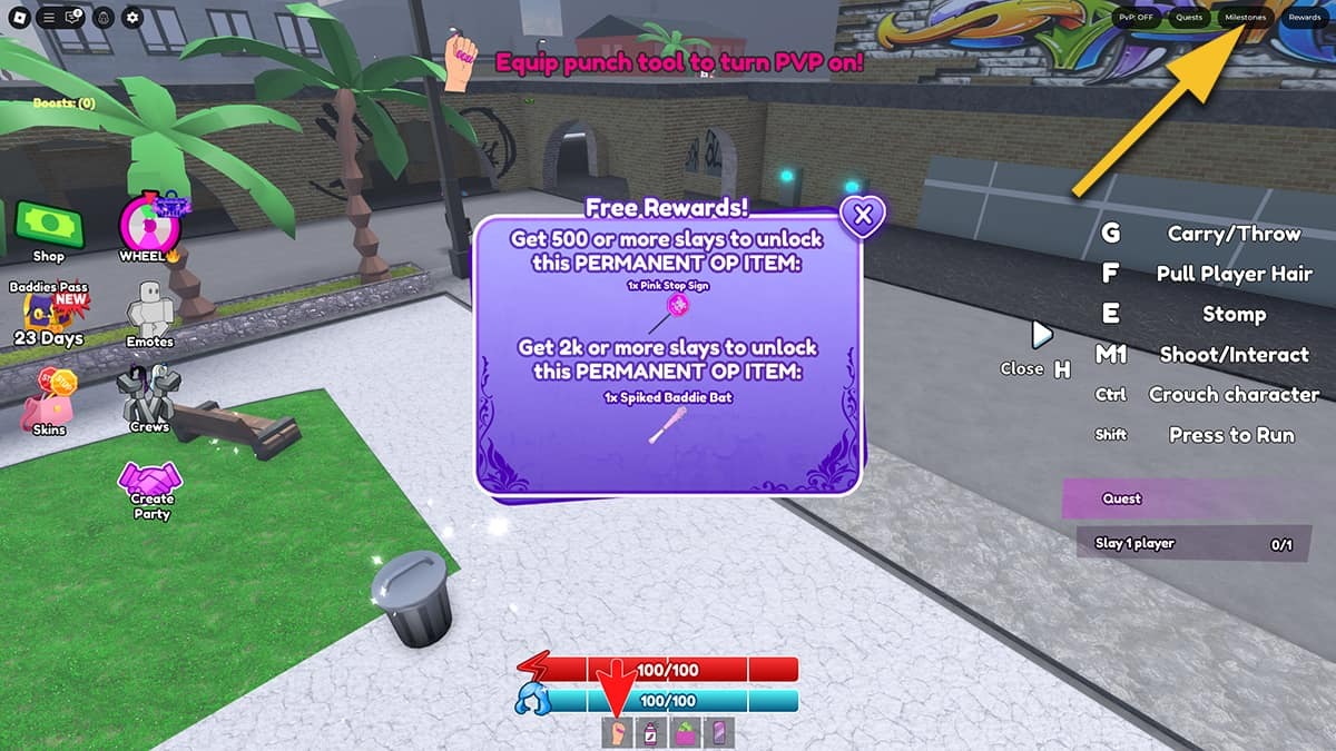 A yellow arrow points at the Milestones button in the top right corner. The free rewards pop up window lists rewards in Baddies.