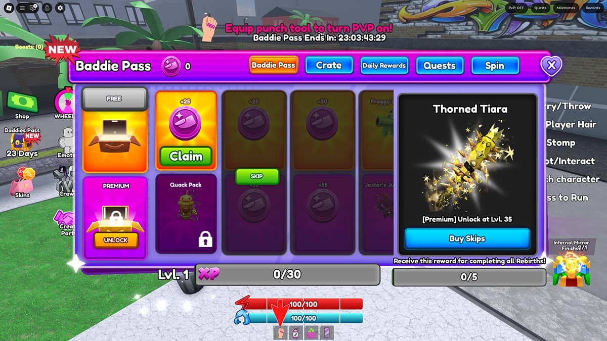 The Baddie Pass in Baddies, featuring tabs for Baddie Pass, Crate, Daily Rewards, Quests, and Spin.
