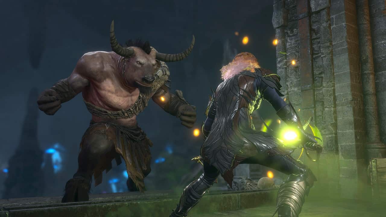 Baldur's Gate 3 abilities: A character fights a Minotaur in the game.