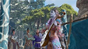 Baldur's Gate 3 acts: An image of Alfira performing next to party members in the game.