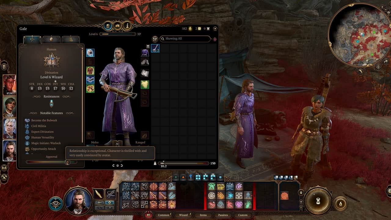 Baldur's Gate 3 companion approval: An image of the inventory screen of Wizard Gale that highlights companion approval.