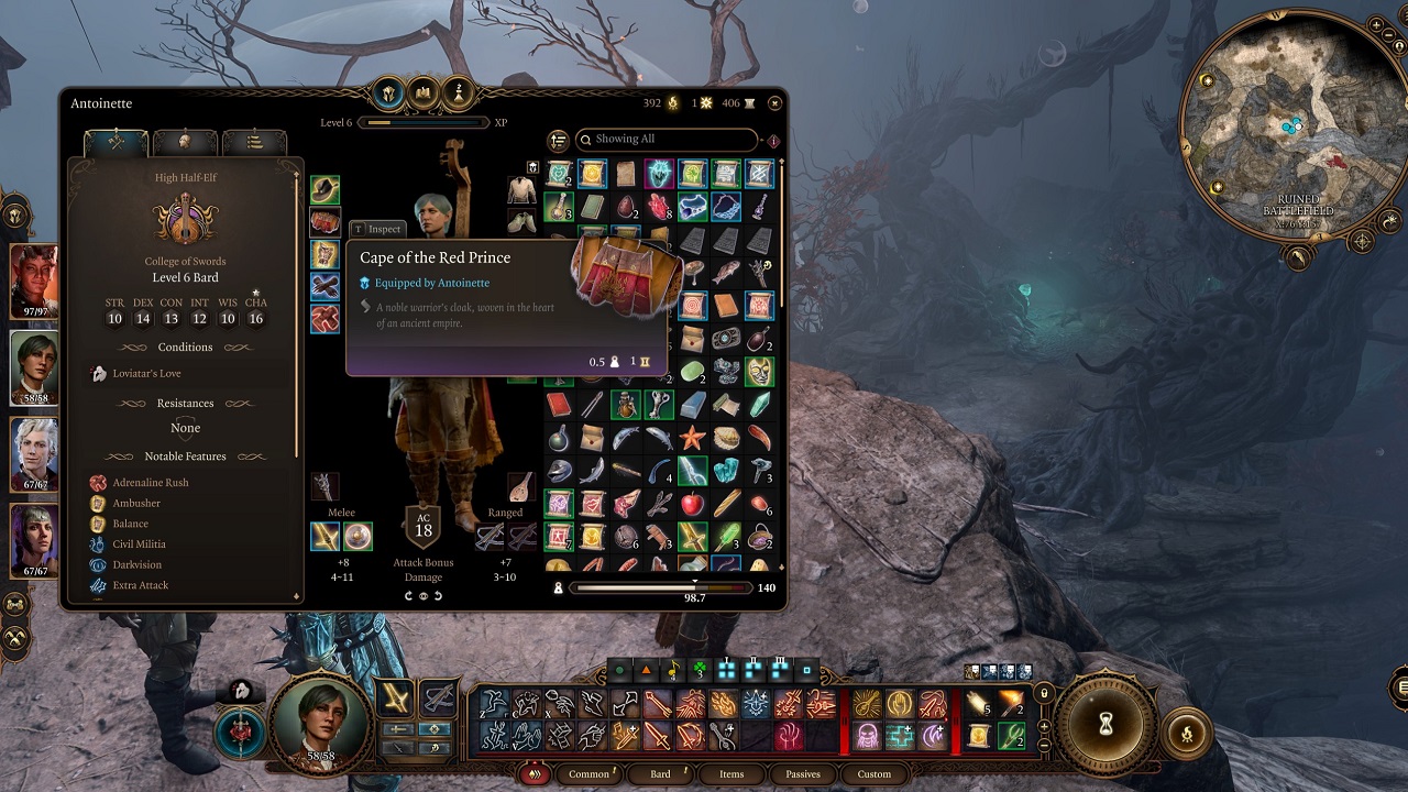 Baldur's Gate 3 Armour: An image of the inventory screen with the Cape of the Red Prince highlighted.