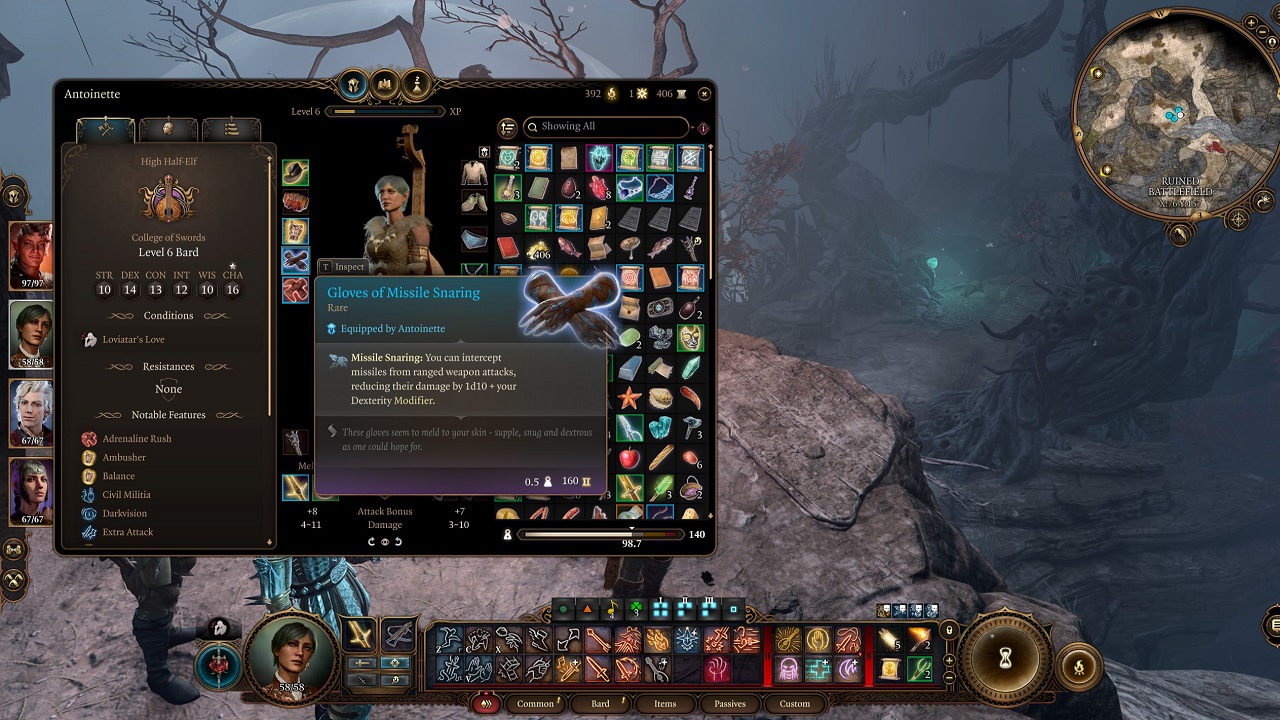 Baldur's Gate 3 Armour: An image of the inventory screen with the Gloves of Missile Snaring highlighted.