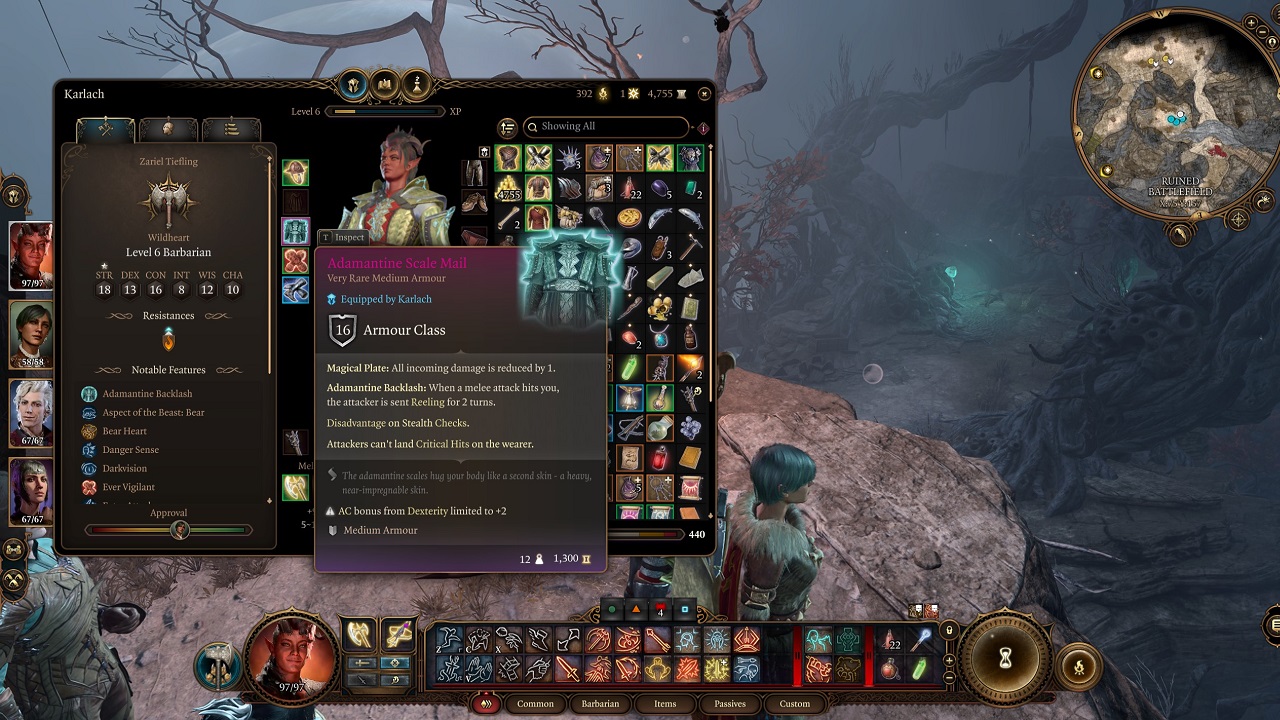 Baldur's Gate 3 Armour: An image of the inventory screen with the Adamantine Scale Mail armour highlighted.