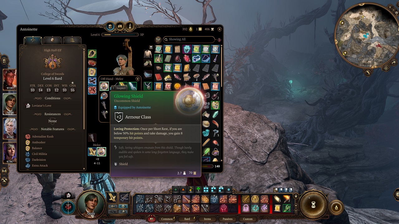 Baldur's Gate 3 Armour: An image of the inventory screen with the Glowing Shield highlighted.