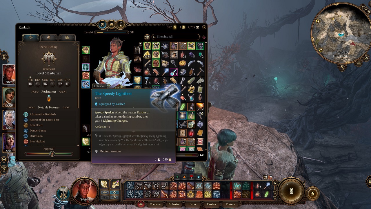 Baldur's Gate 3 Armour: An image of the inventory screen with the The Speedy Lightfeet boots highlighted.