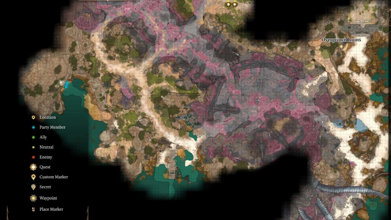 Baldur's Gate 3 Astarion companion guide: A map showing the area where Astarion can be found near the start of the game.