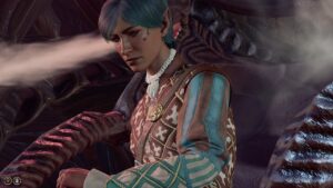 Baldur's Gate 3 Best Bard Build: A Bard character in the game with blue hair.