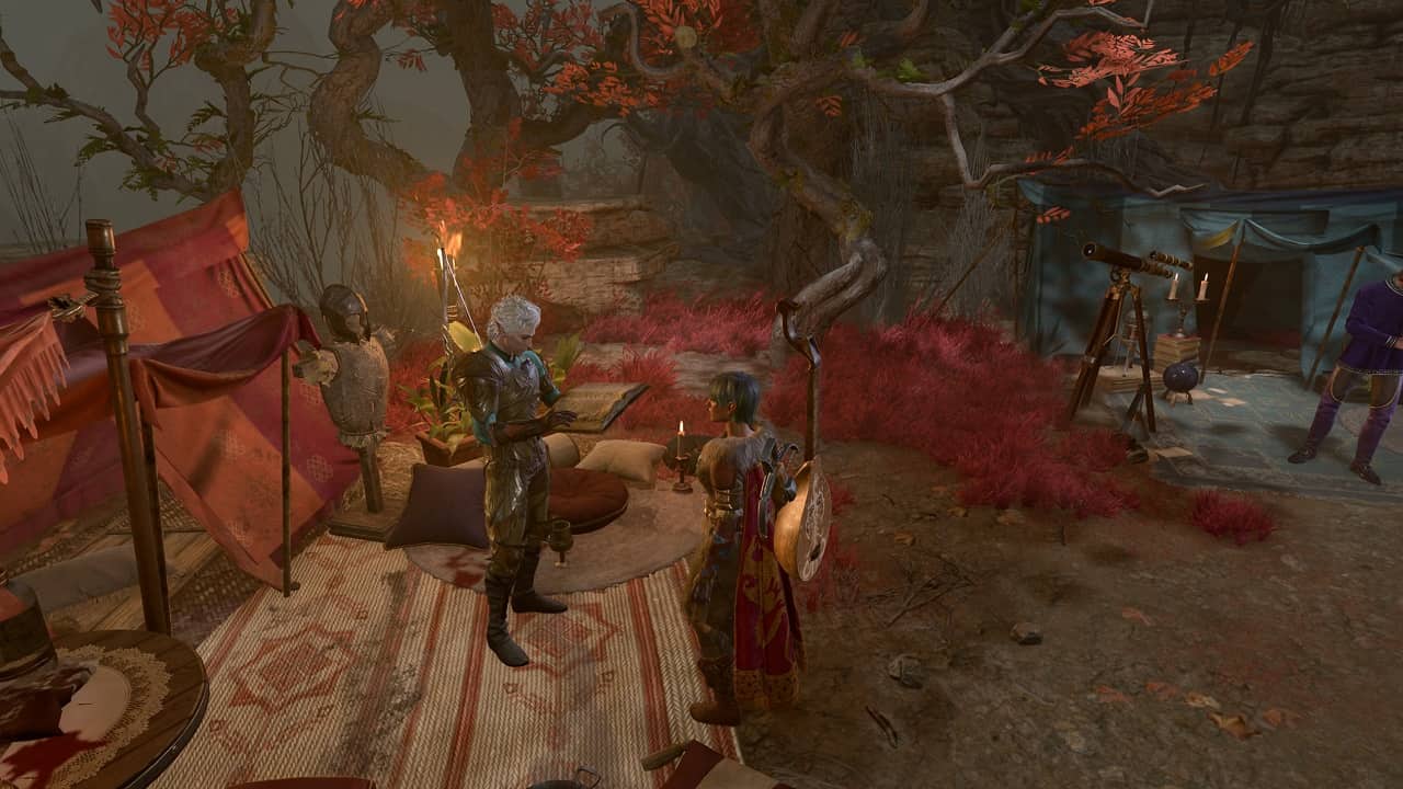 Baldur's Gate 3 Bloodless: An image of the protagonist and Astarion standing at camp.