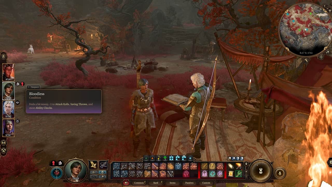 Baldur's Gate 3 Bloodless: An image of the protagonist and Astarion standing in front of a fire at camp.
