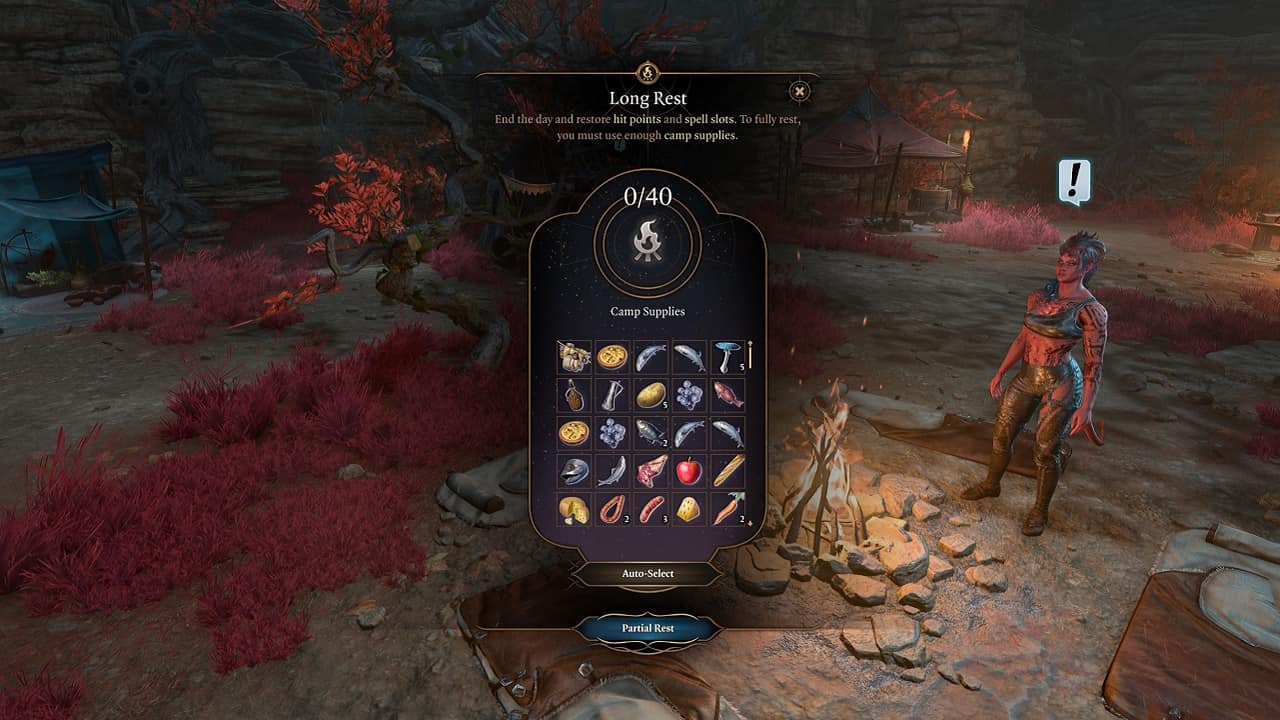 Baldur's Gate 3 Camp Supplies: An image of the Long Rest screen with supplies highlighted in the game.