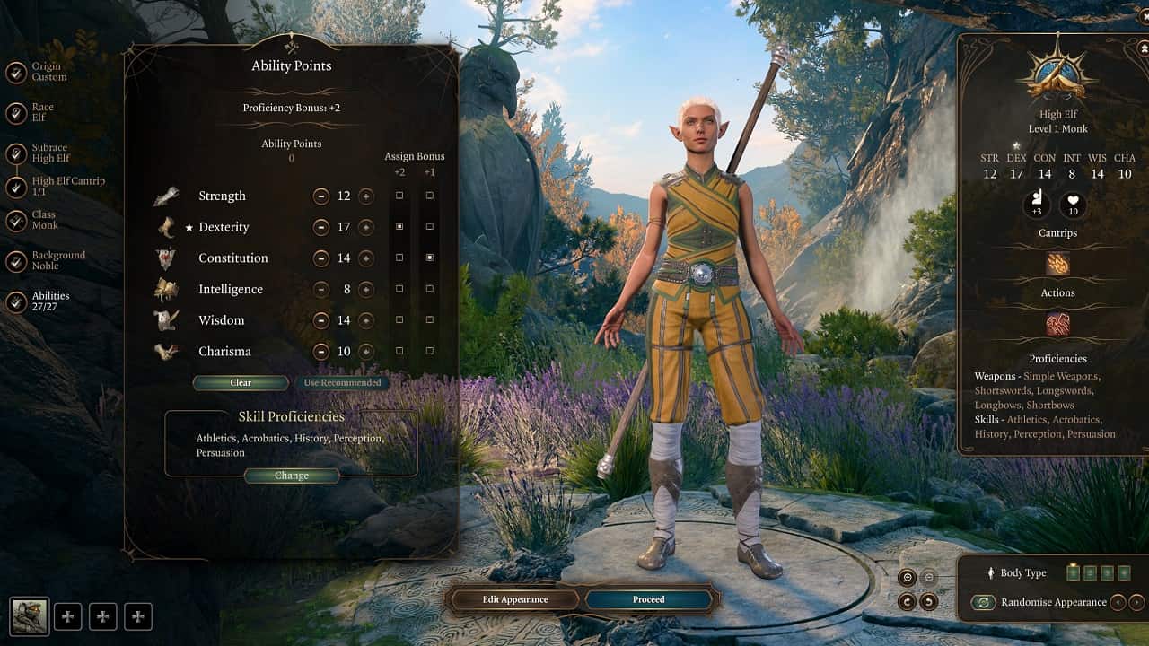 Baldur's Gate 3 character creator: An image of the character creation menu in the game with ability scores highlighted.