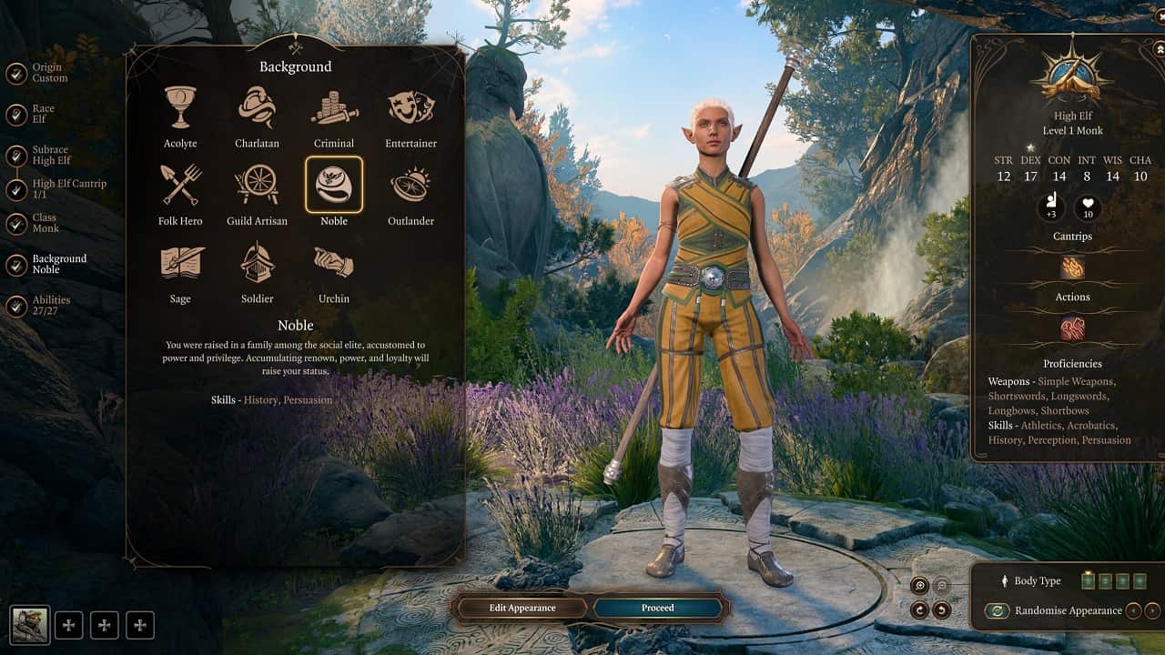Baldur's Gate 3 character creator: An image of the character creation menu in the game with backgrounds highlighted.