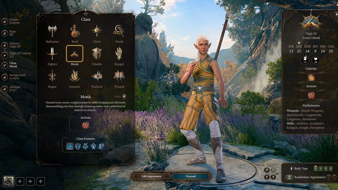 Baldur's Gate 3 character creator: An image of the character creation menu in the game with classes highlighted.