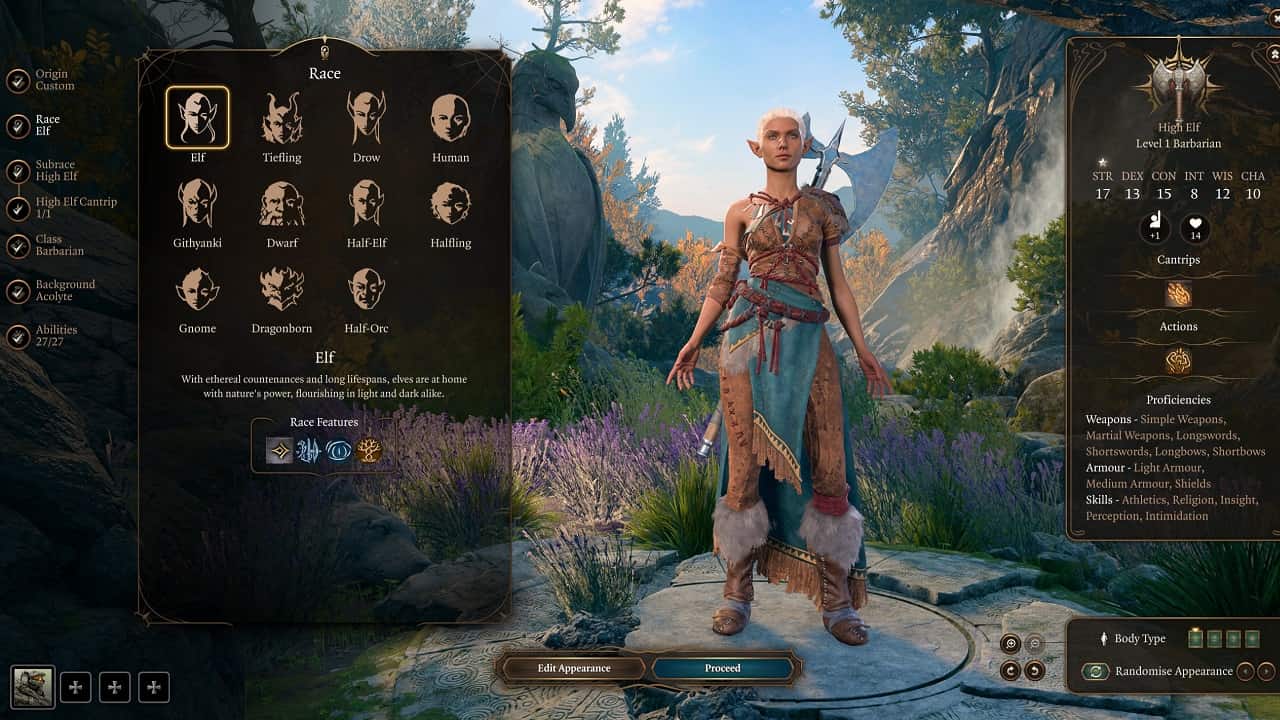 Baldur's Gate 3 character creator: An image of the character creation menu in the game with races highlighted.