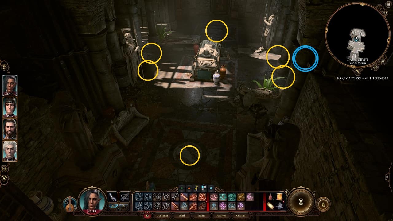 Baldur's Gate 3 Dank Crypt: The locations of the traps in the Sarcophagus Room in the Dank Crypt.