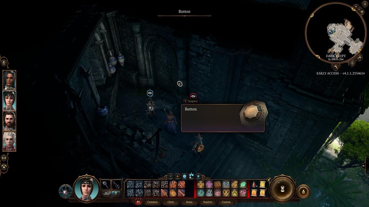 Baldur's Gate 3 Dank Crypt: A button in the Entombed Scribes room in the Dank Crypt.