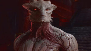 Baldur's Gate 3 Dark Urge on a dark red background. A stone staircase is in the background while the Dark Urge's eyes are glowing red